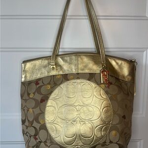 Coach Gold and Brown Metallic Signature Tote